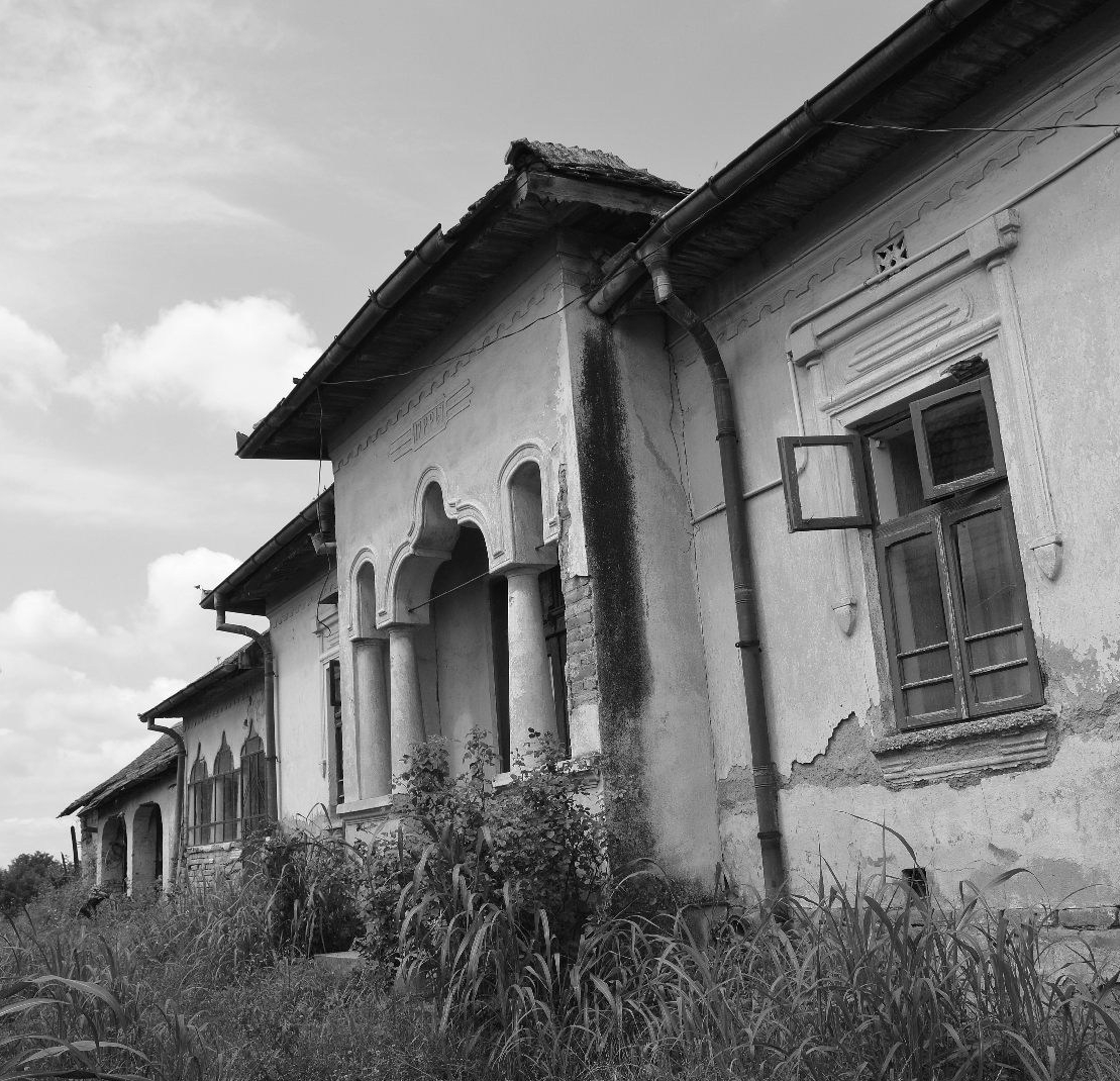 Fațada unei locuințe rurale tencuită, cu decorații din stuc.